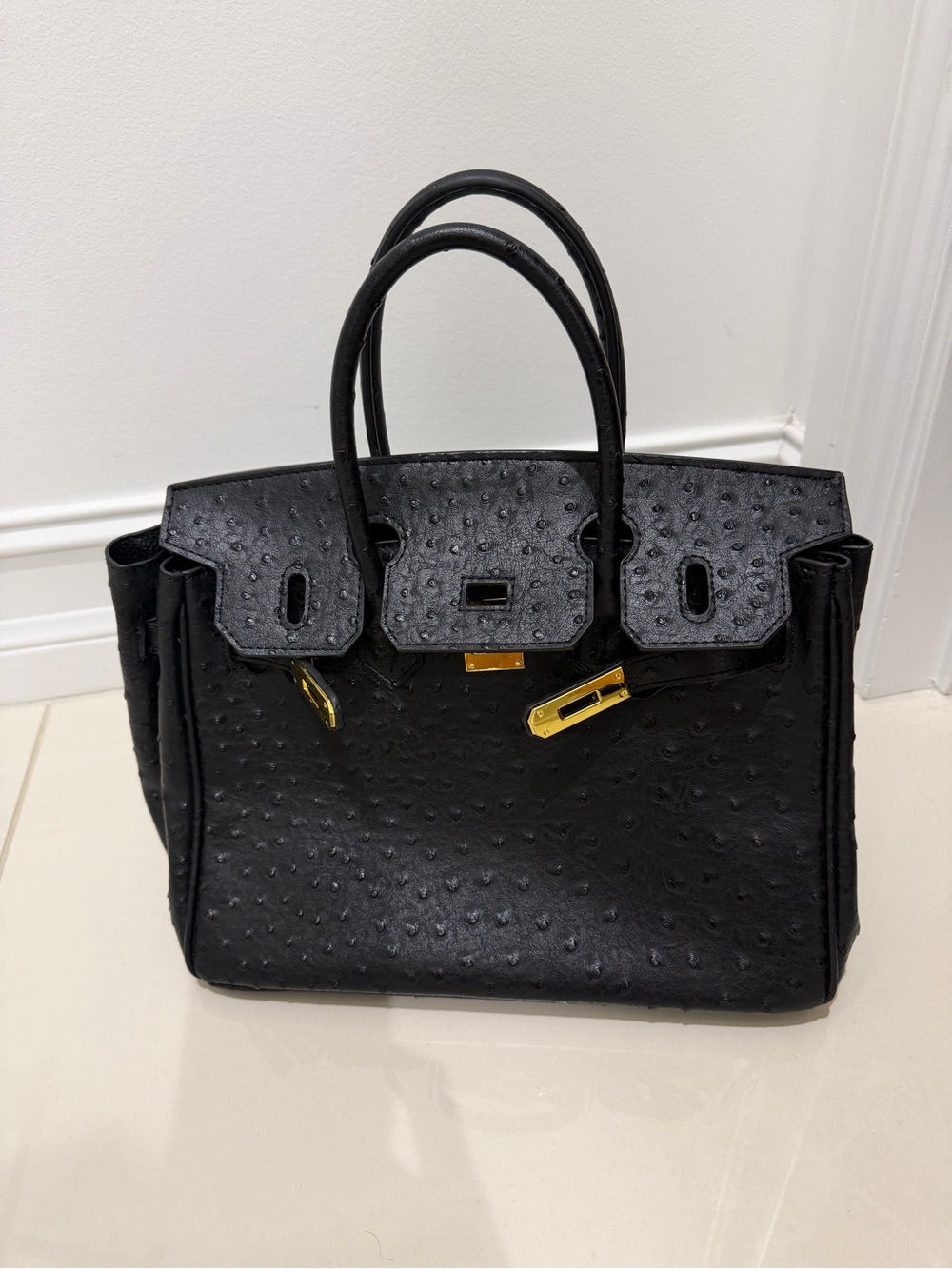 Vintage Black Ostrich-Texture Satchel with Gold Hardware